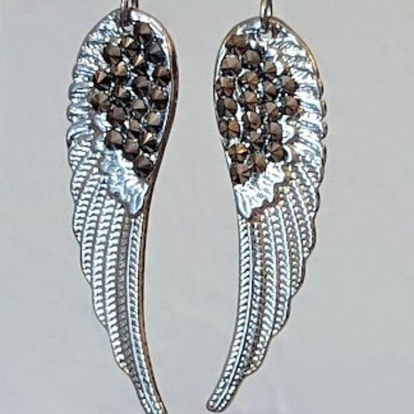 Silver Tone Beaded Wing Earrings - Picture 1 of 5
